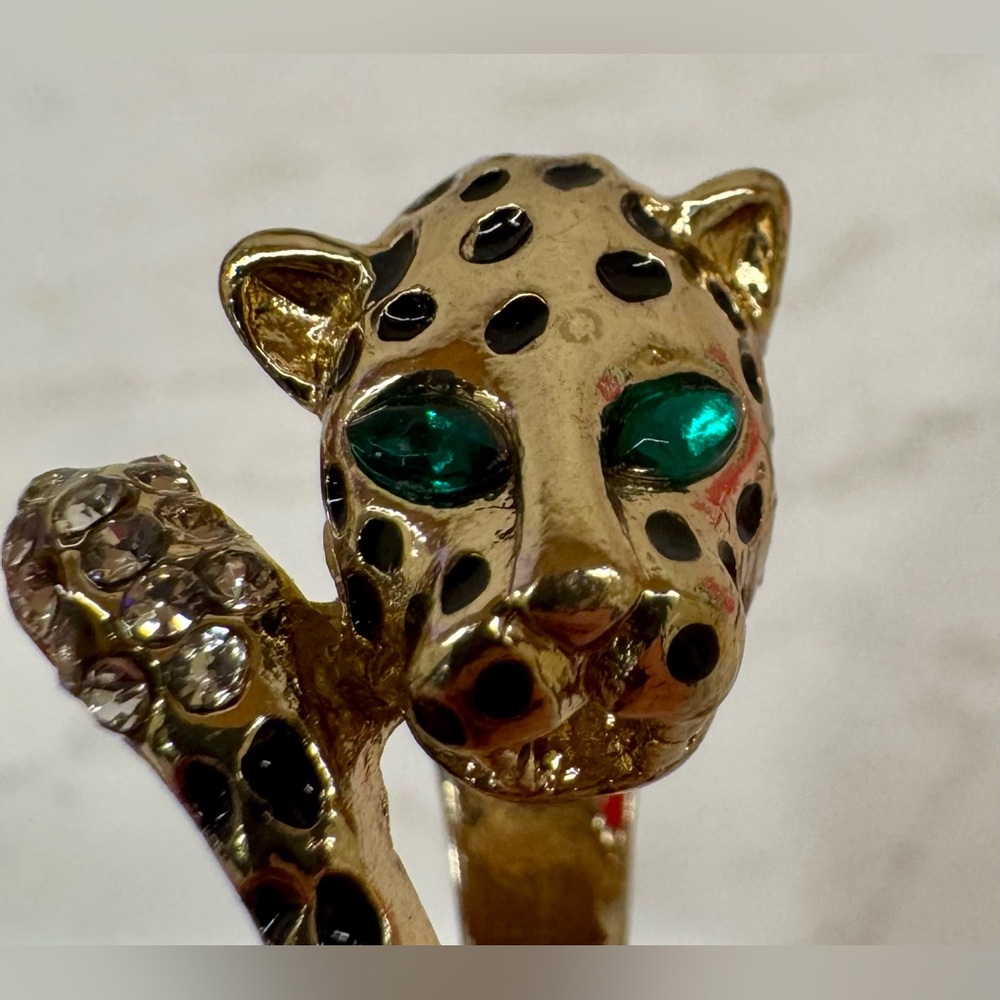 🐆 Leopard Wrap Ring 💚 Emerald-Green Eyes • Crystal Spots • Size 6.5 - Picture 5 of 5